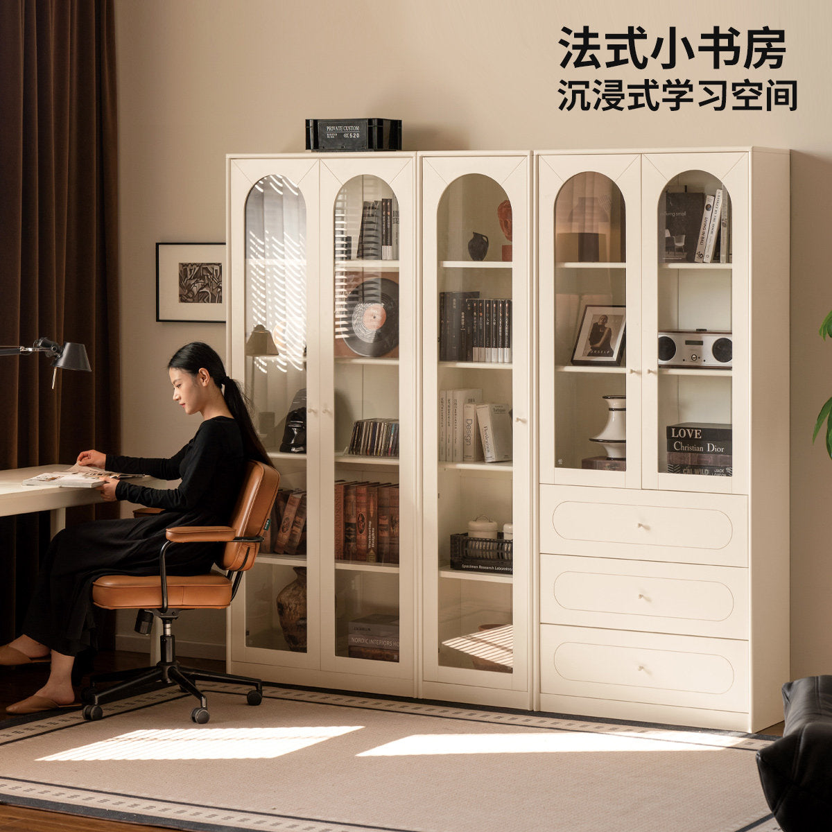 实木书柜白色带玻璃门一体整墙组合落地展示柜法式奶油风